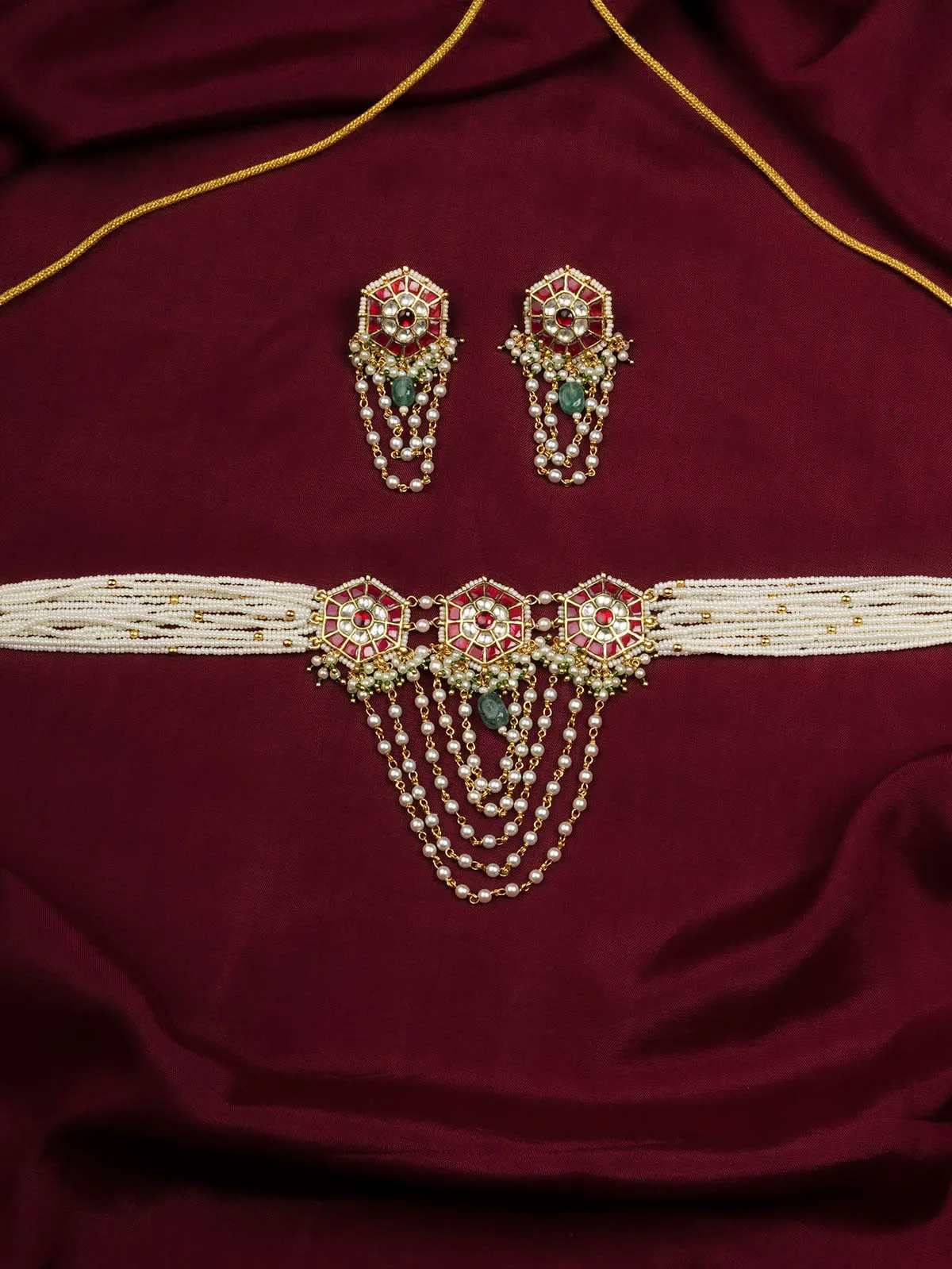 Red Color Gold Plated Jadau Kundan Necklace Set - MS2052YR
