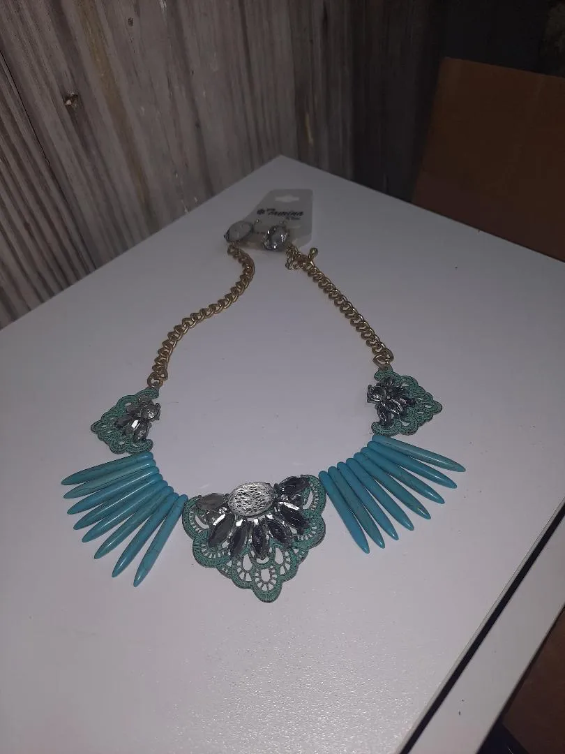Rhinestone/Gold/Turquoise Necklace