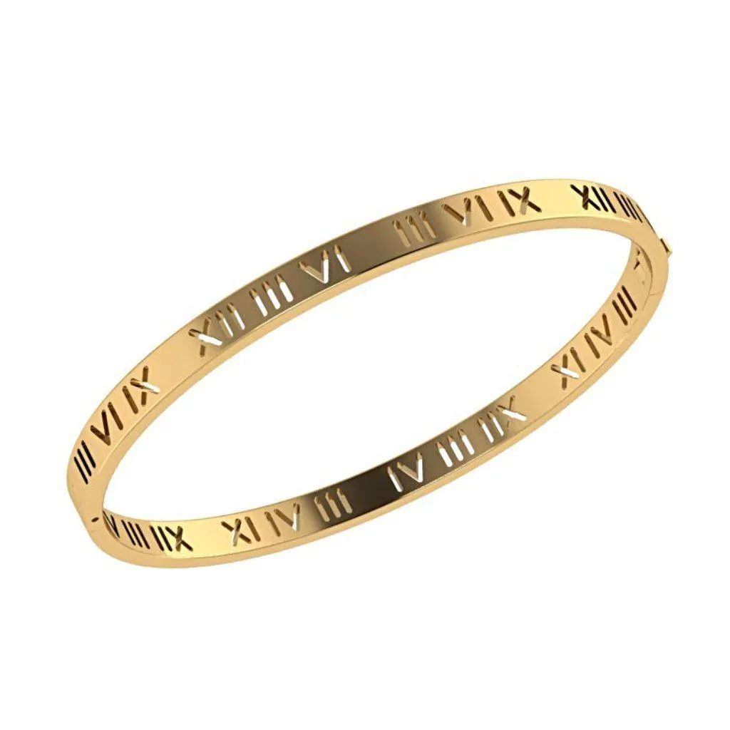 Roman Numerals Bangle Bracelet 14K Gold Plated 925 Sterling Silver