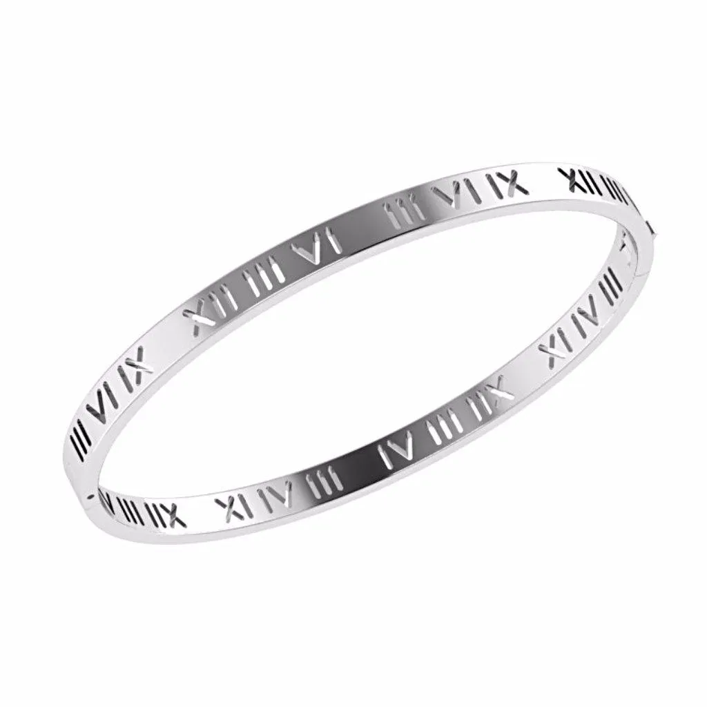 Roman Numerals Bangle Bracelet 14K Gold Plated 925 Sterling Silver