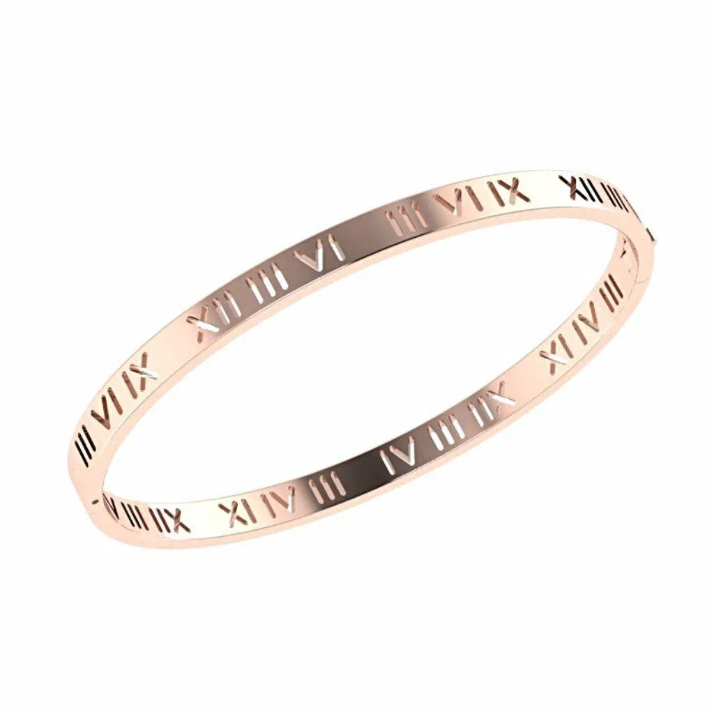 Roman Numerals Bangle Bracelet 14K Gold Plated 925 Sterling Silver
