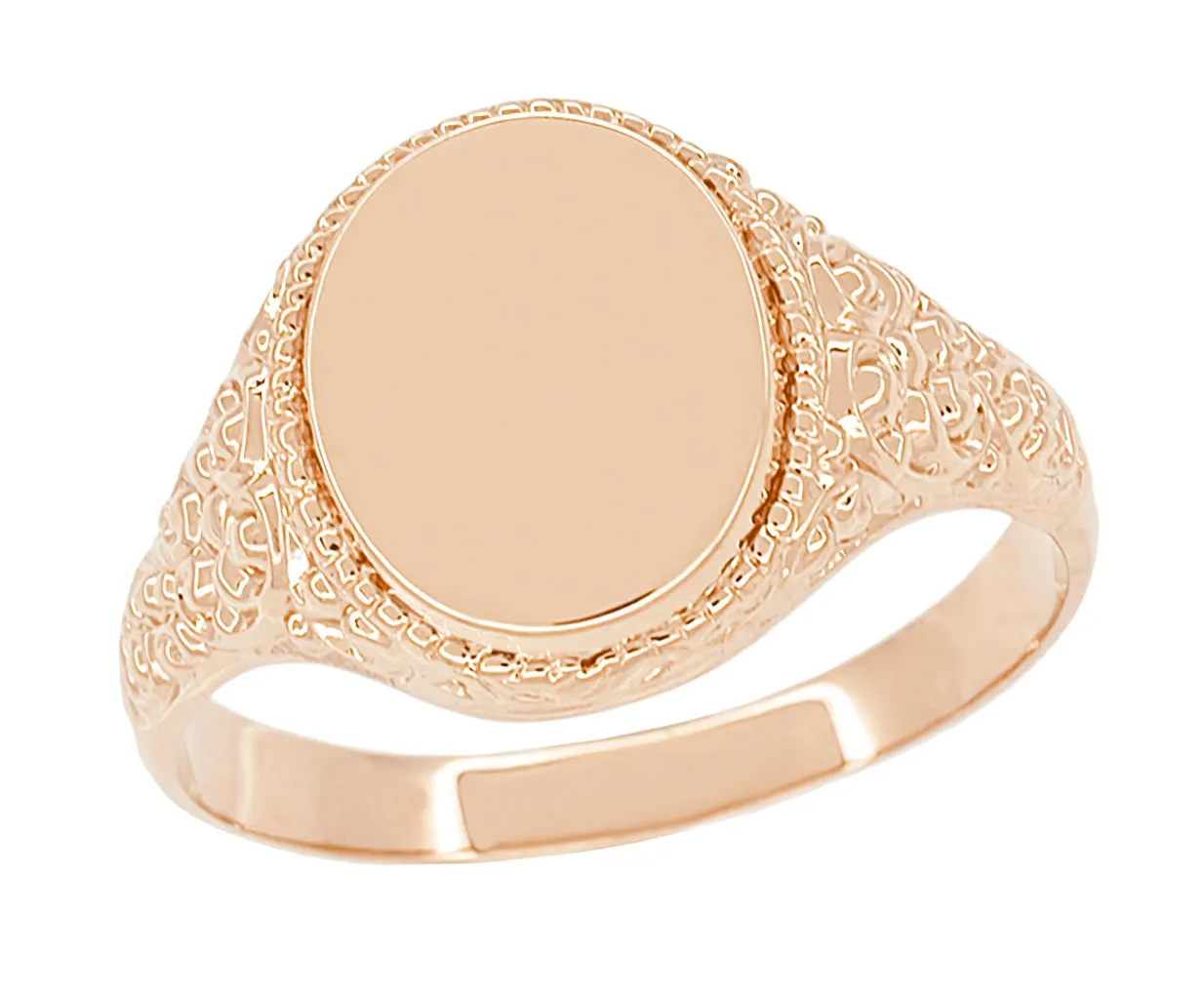 Rose Gold Victorian Oval Signet Ring with Heirloom Scroll Engraved Sides