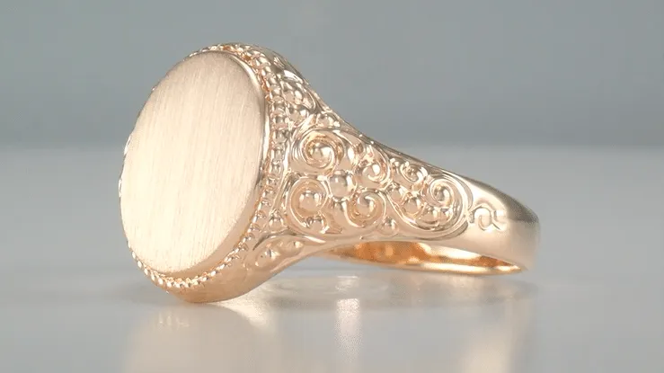 Rose Gold Victorian Oval Signet Ring with Heirloom Scroll Engraved Sides