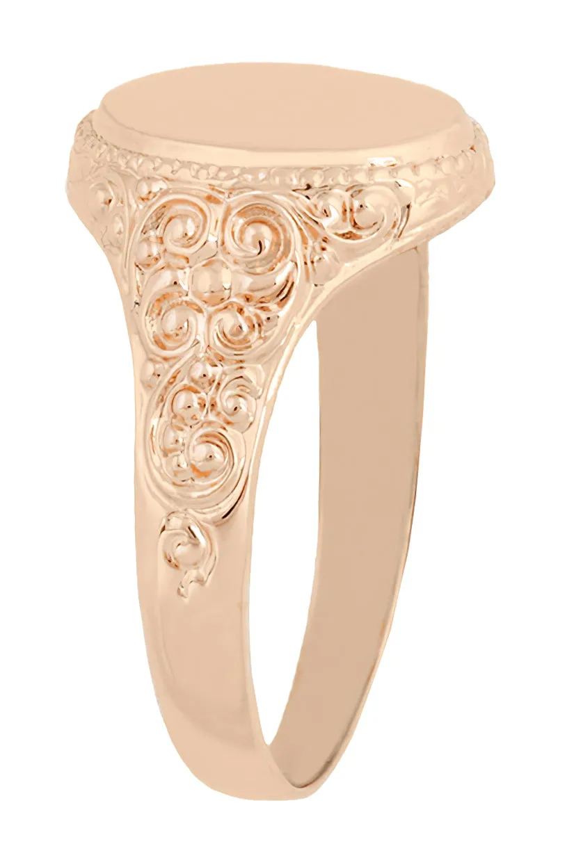 Rose Gold Victorian Oval Signet Ring with Heirloom Scroll Engraved Sides