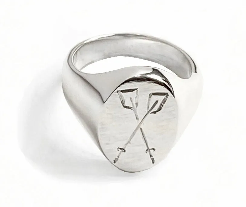 Rowing Crossed Oars Hand Engraved Oval Signet Ring