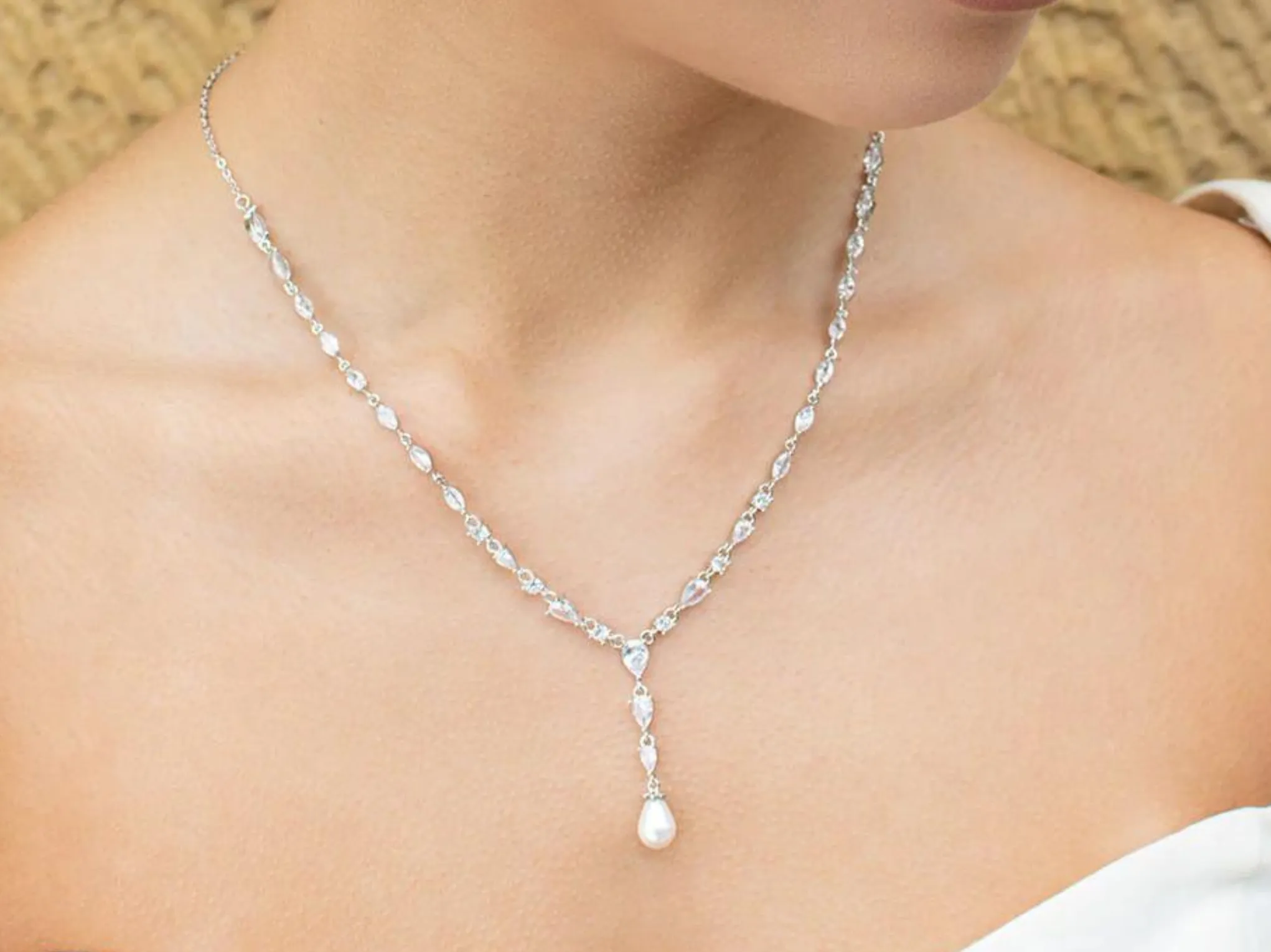 Siena  - Delicate Crystal and Plunging Pearl Drop Bridal Necklace - Silver