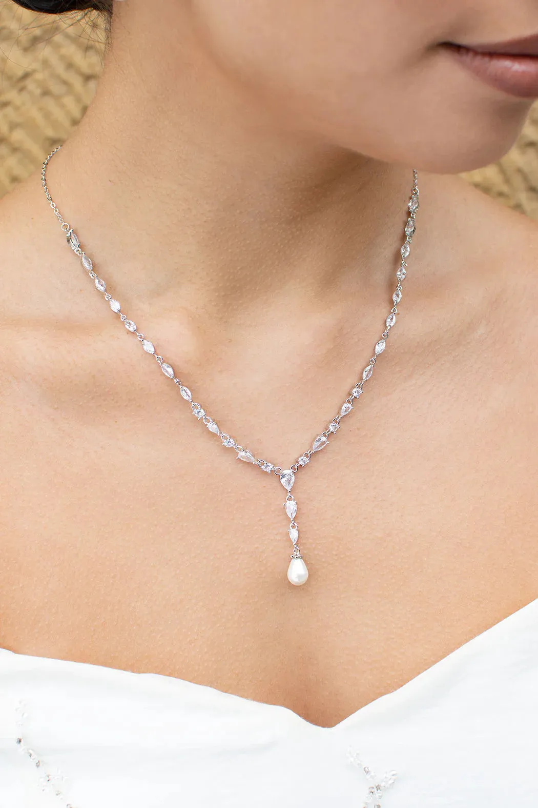 Siena  - Delicate Crystal and Plunging Pearl Drop Bridal Necklace - Silver