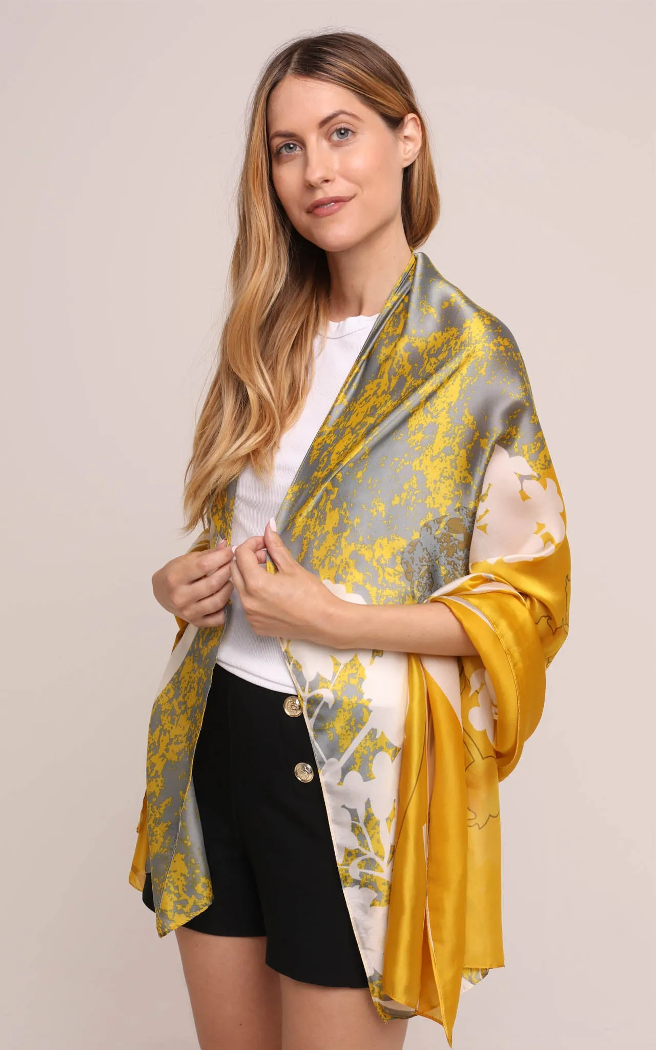 Silk Scarf in Mustard and White Snowdrop Print