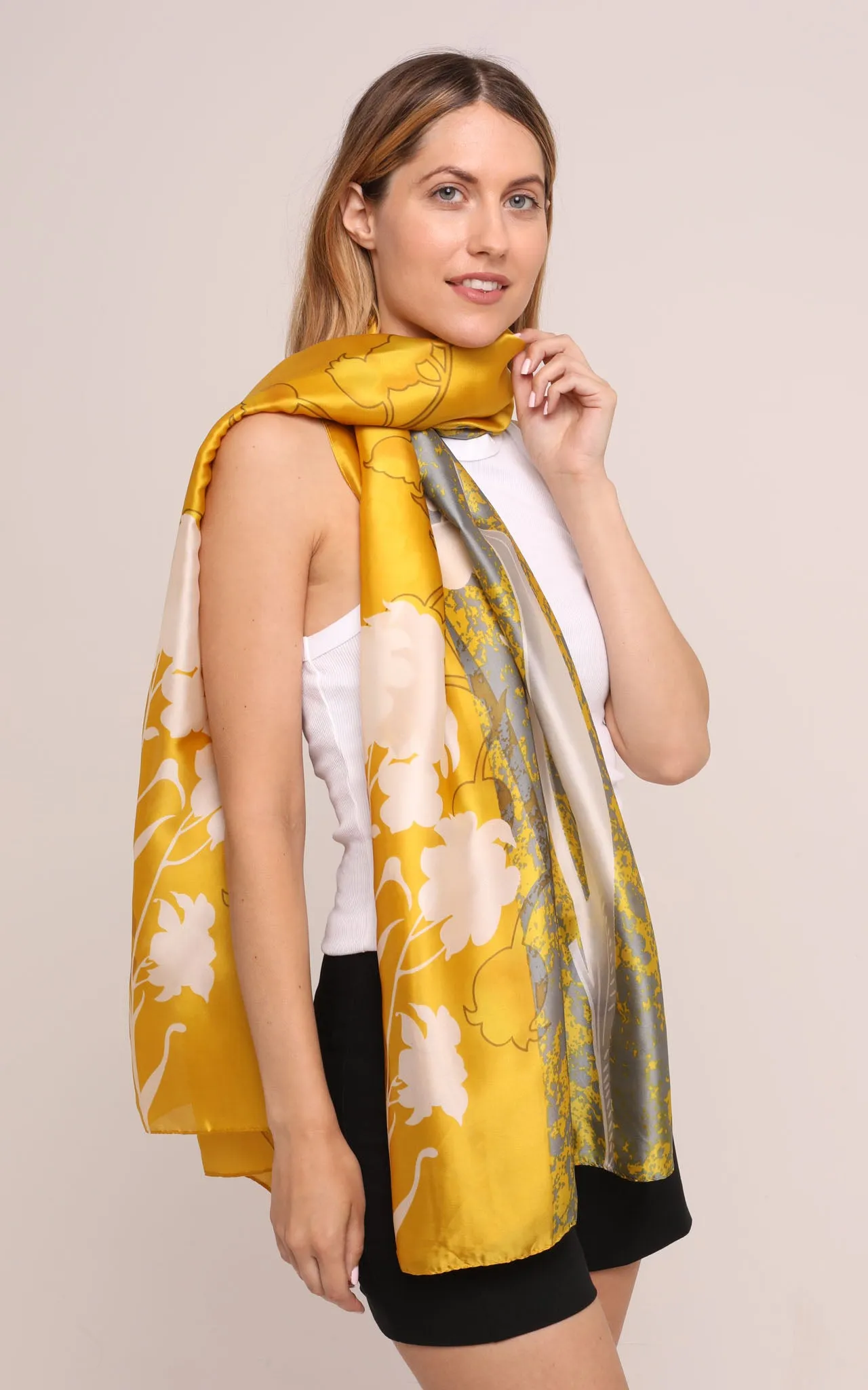 Silk Scarf in Mustard and White Snowdrop Print