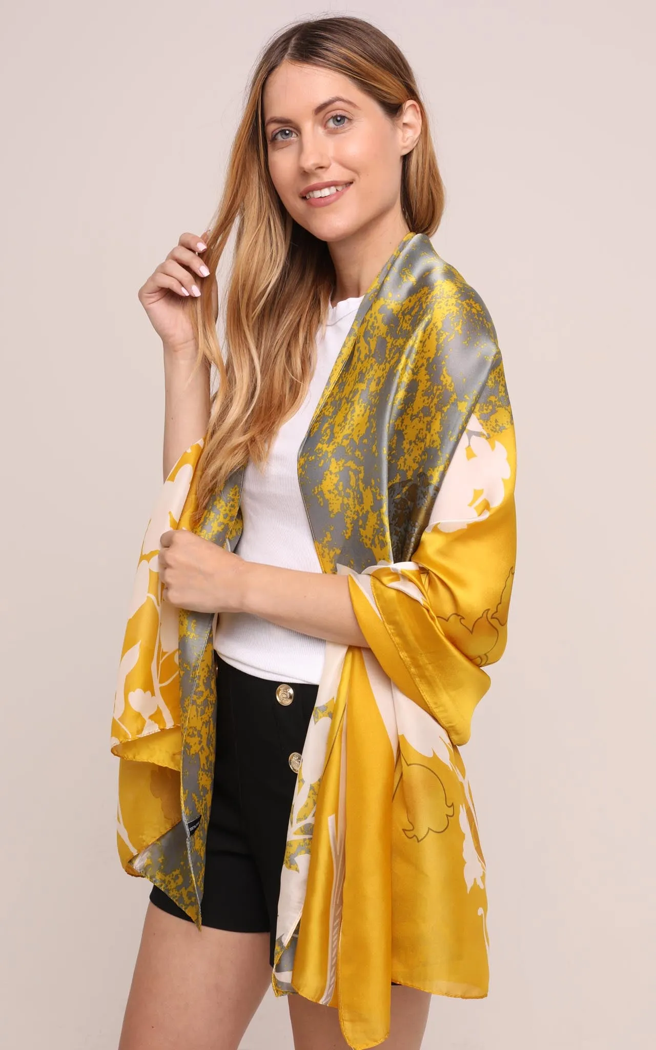 Silk Scarf in Mustard and White Snowdrop Print