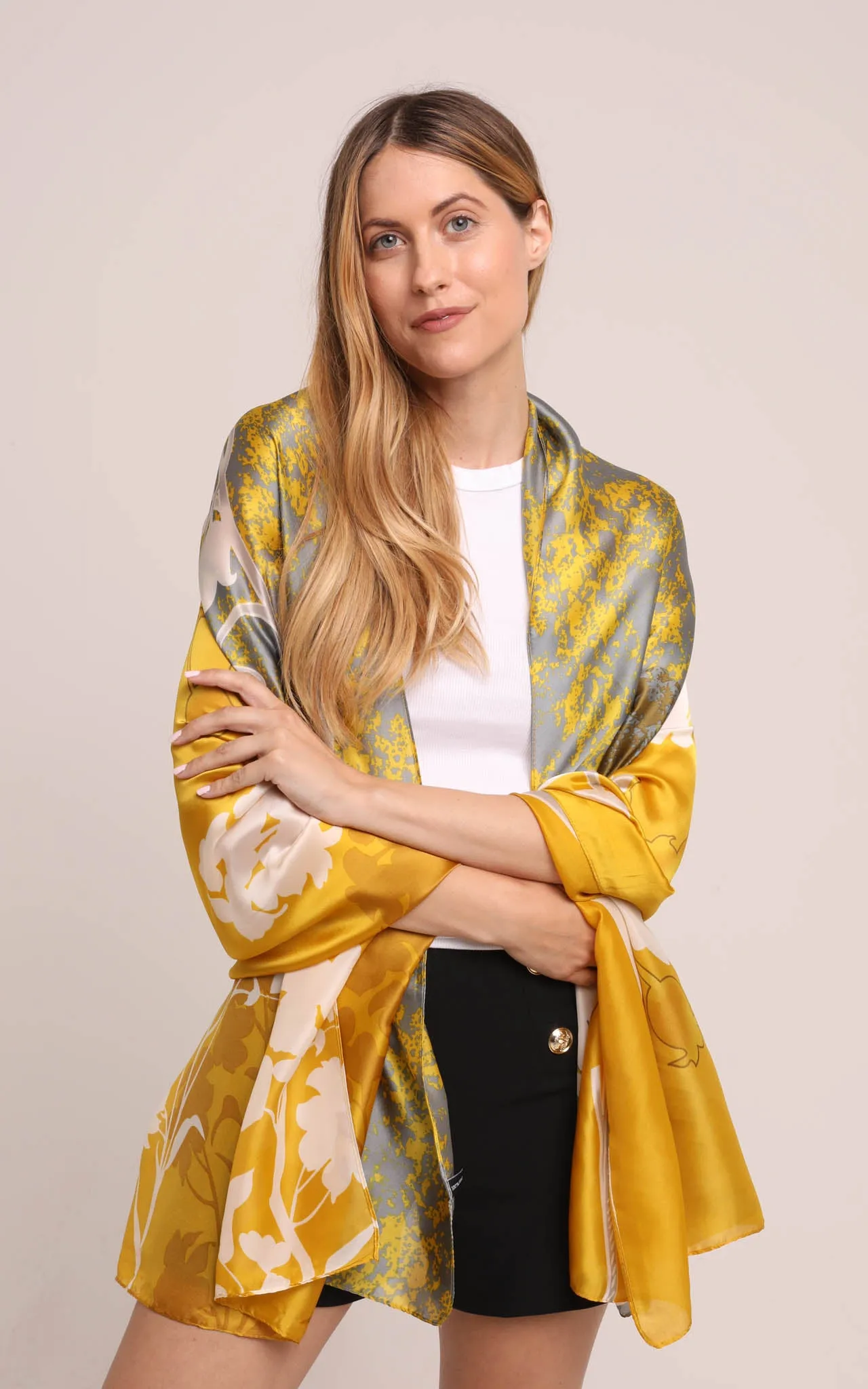 Silk Scarf in Mustard and White Snowdrop Print