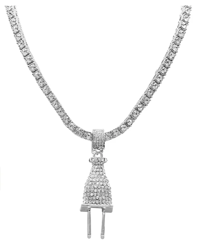 Silver Color Watch Plug Necklace Cuban Link Bracelet Simulated Diamond Tennis Chain Bundle Watch Hip Hop Ring Set Bling
