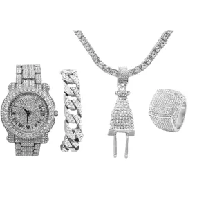 Silver Color Watch Plug Necklace Cuban Link Bracelet Simulated Diamond Tennis Chain Bundle Watch Hip Hop Ring Set Bling