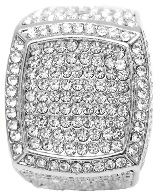 Silver Color Watch Plug Necklace Cuban Link Bracelet Simulated Diamond Tennis Chain Bundle Watch Hip Hop Ring Set Bling