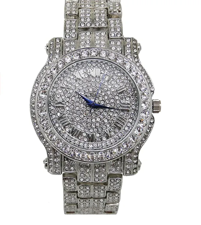 Silver Color Watch Plug Necklace Cuban Link Bracelet Simulated Diamond Tennis Chain Bundle Watch Hip Hop Ring Set Bling