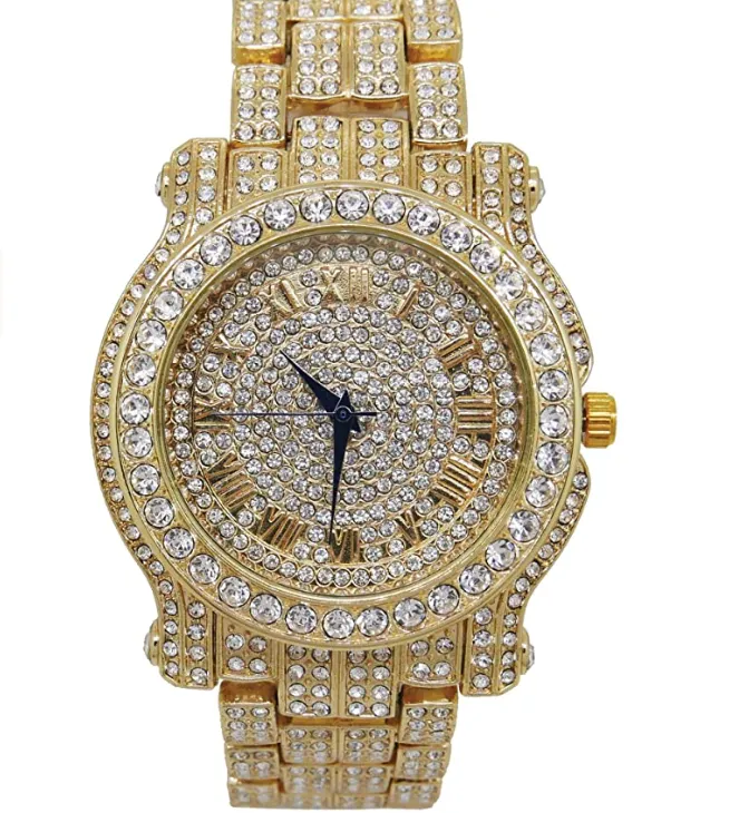 Silver Color Watch Plug Necklace Cuban Link Bracelet Simulated Diamond Tennis Chain Bundle Watch Hip Hop Ring Set Bling