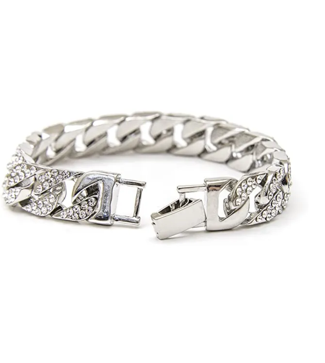 Silver Color Watch Plug Necklace Cuban Link Bracelet Simulated Diamond Tennis Chain Bundle Watch Hip Hop Ring Set Bling