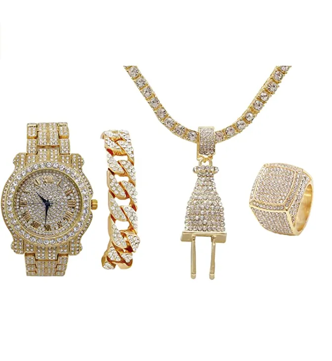 Silver Color Watch Plug Necklace Cuban Link Bracelet Simulated Diamond Tennis Chain Bundle Watch Hip Hop Ring Set Bling