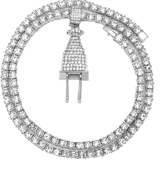 Silver Color Watch Plug Necklace Cuban Link Bracelet Simulated Diamond Tennis Chain Bundle Watch Hip Hop Ring Set Bling