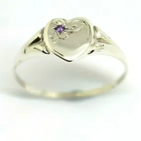 Size S Genuine Large Sterling Silver Heart Set with Amethyst Signet Ring 265