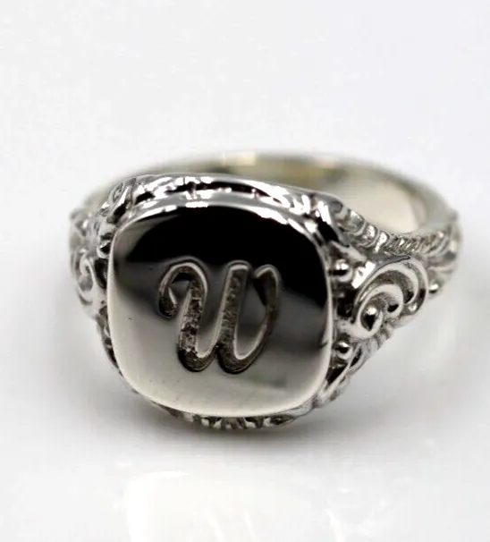 Size W Genuine Solid Sterling Silver Square Engraved Signet Ring   Engraving