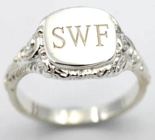 Size W Genuine Solid Sterling Silver Square Engraved Signet Ring   Engraving
