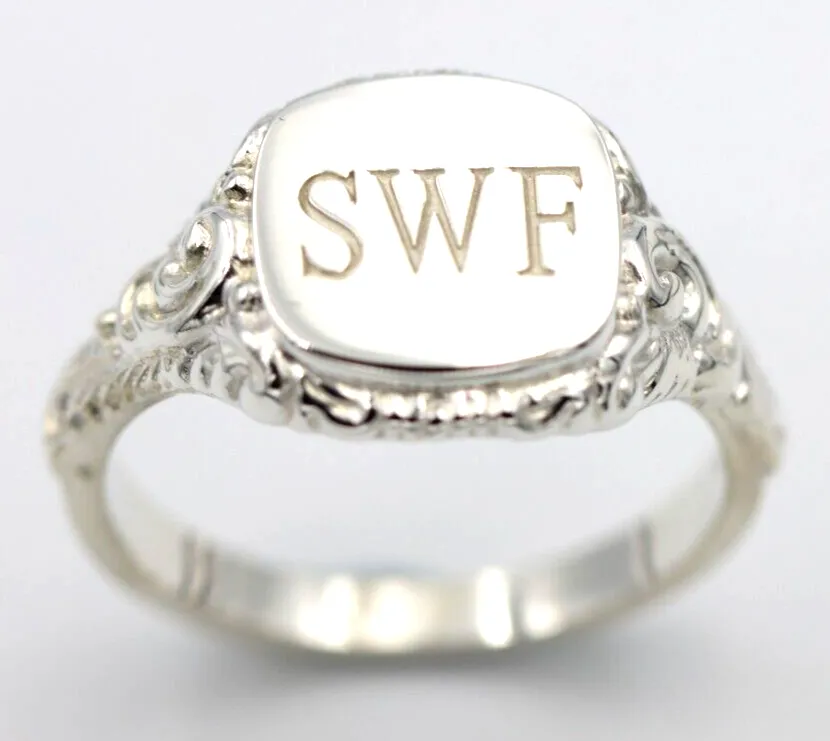 Size W Genuine Solid Sterling Silver Square Engraved Signet Ring   Engraving