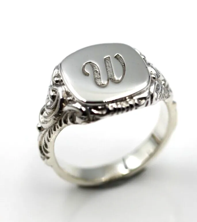 Size W Genuine Solid Sterling Silver Square Engraved Signet Ring   Engraving