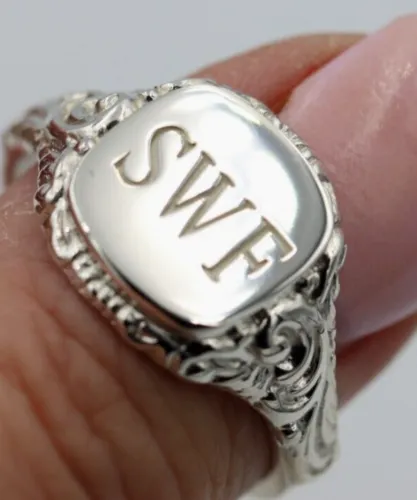 Size W Genuine Solid Sterling Silver Square Engraved Signet Ring   Engraving