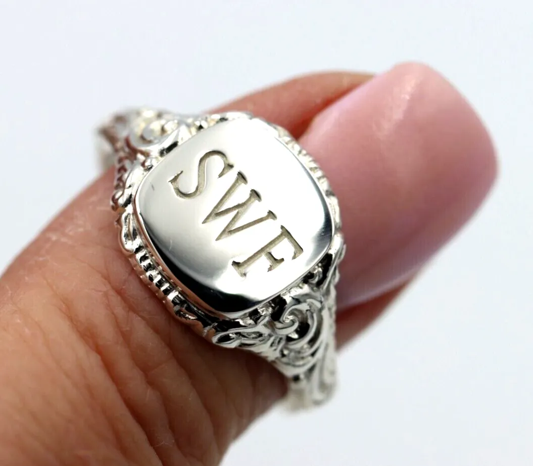 Size W Genuine Solid Sterling Silver Square Engraved Signet Ring   Engraving