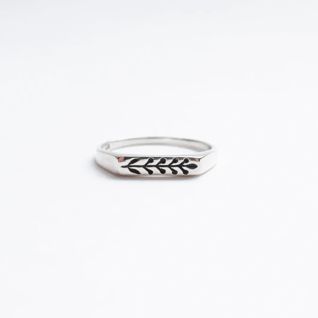 Stamped Silver Leaf Signet Style Ring