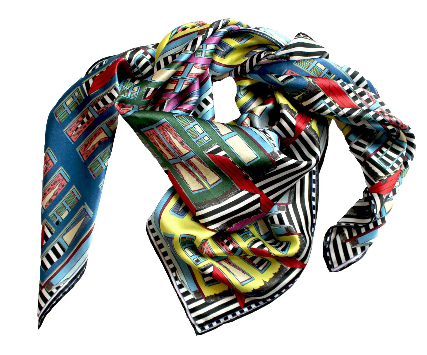 Striped Cottages, 100% Satin Silk, 100cm Square