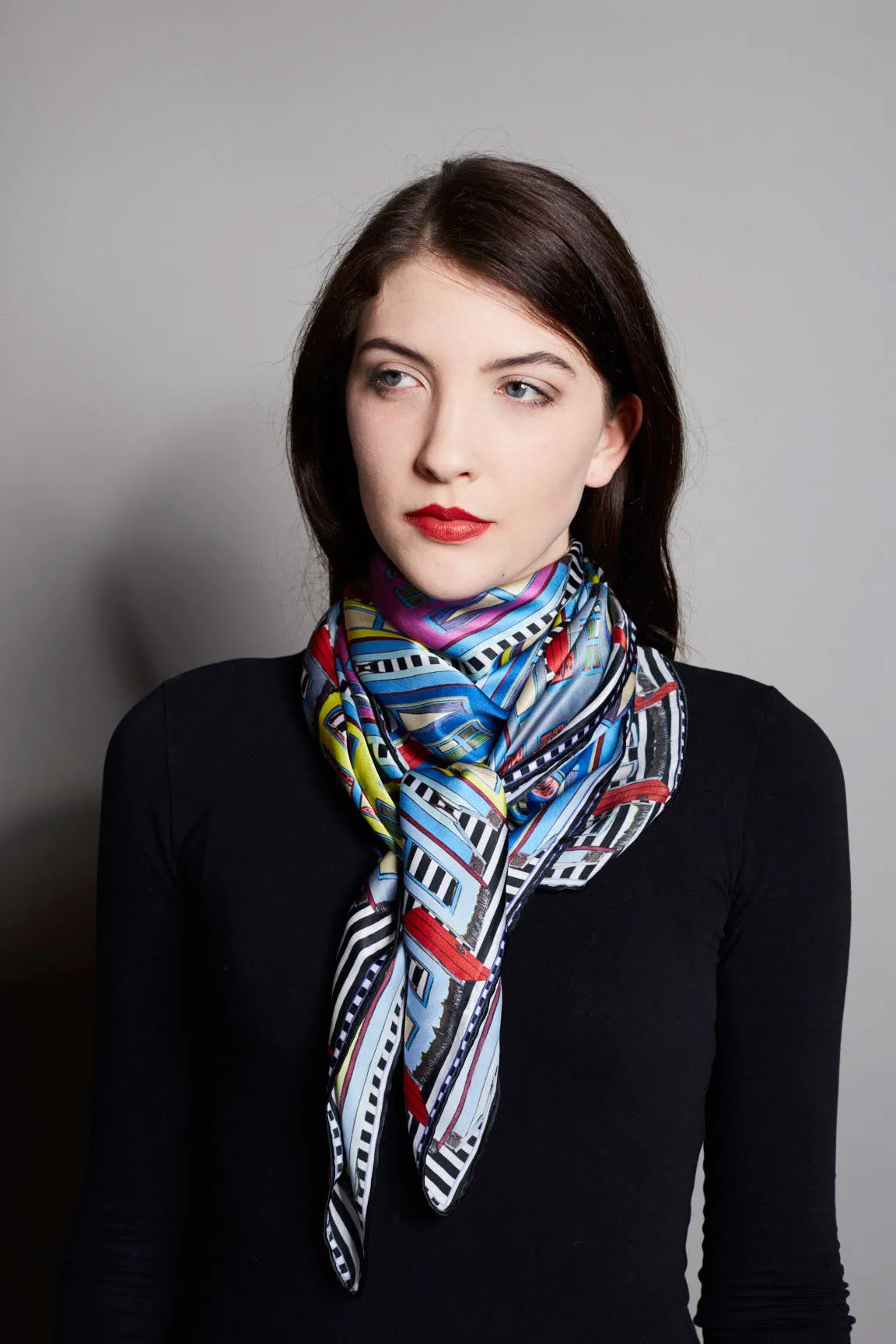 Striped Cottages, 100% Satin Silk, 100cm Square