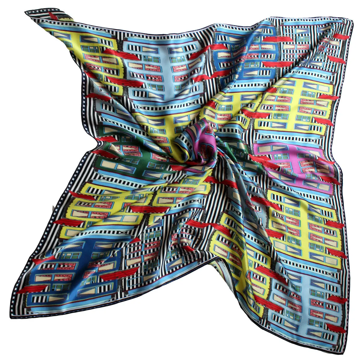 Striped Cottages, 100% Satin Silk, 100cm Square