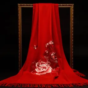 Su Embroidery Peony Cashmere Shawl Warm Winter Gift 200x70 cm