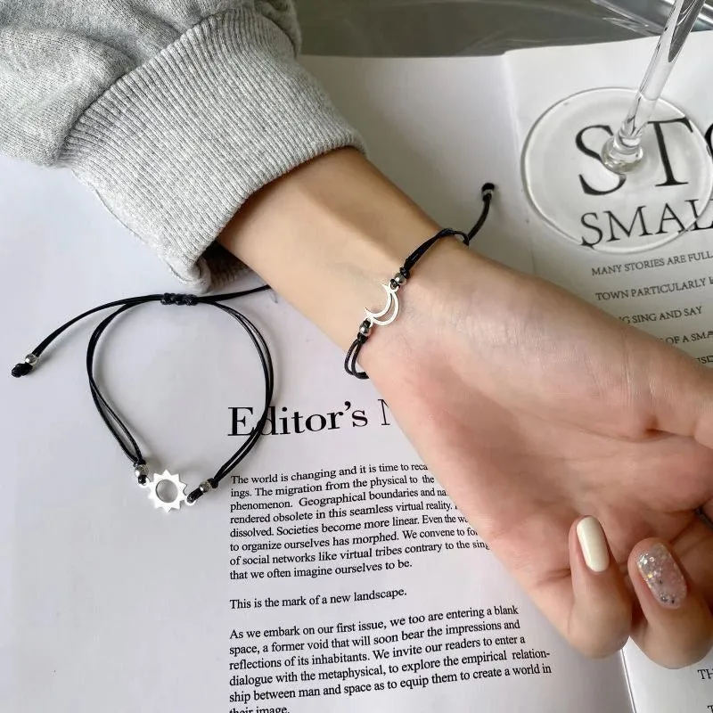 Sun & Moon Adjustable Buddy Bracelet -  Black Rope Thread String Bracelets For Couples