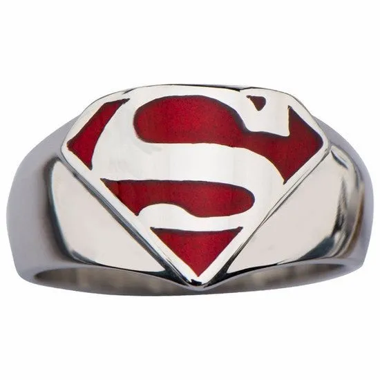 Superman Man of Steel Stainless Steel and Red Enamel Signet Ring (SUPMFR8412)