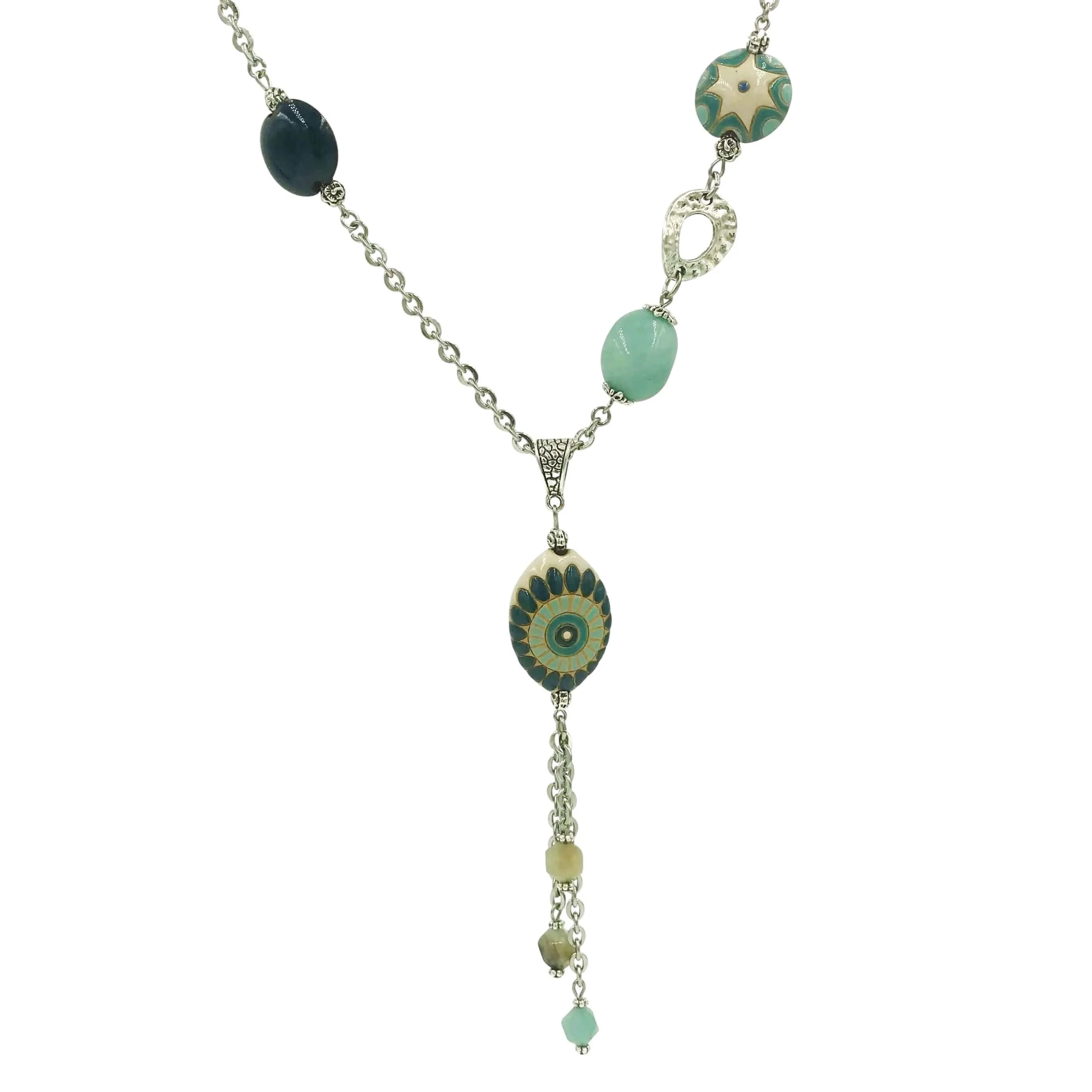 Teal Flower Long Pendant Necklace with Golem Clay Beads