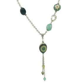 Teal Flower Long Pendant Necklace with Golem Clay Beads