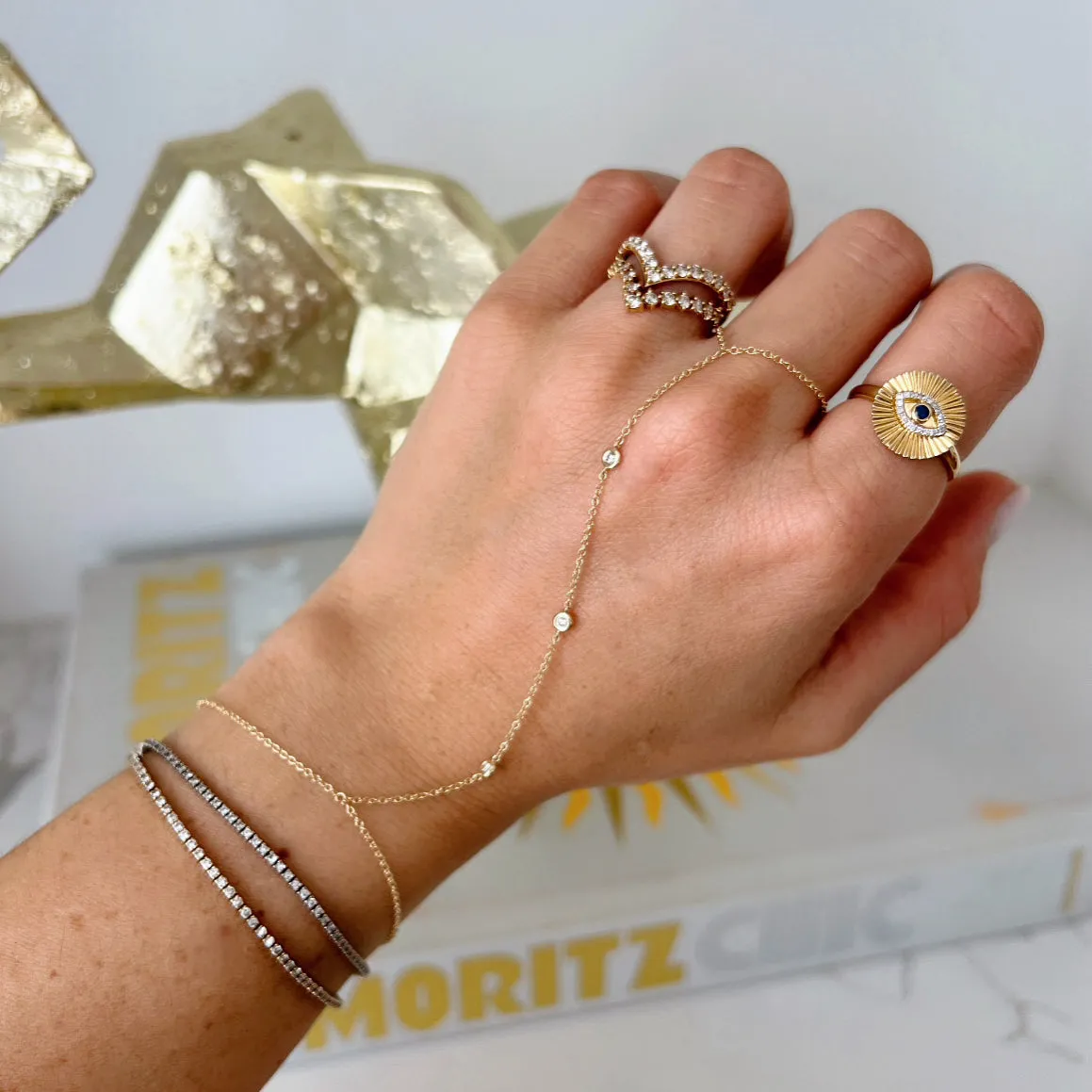Three-Bezel Diamond Hand Chain Bracelet