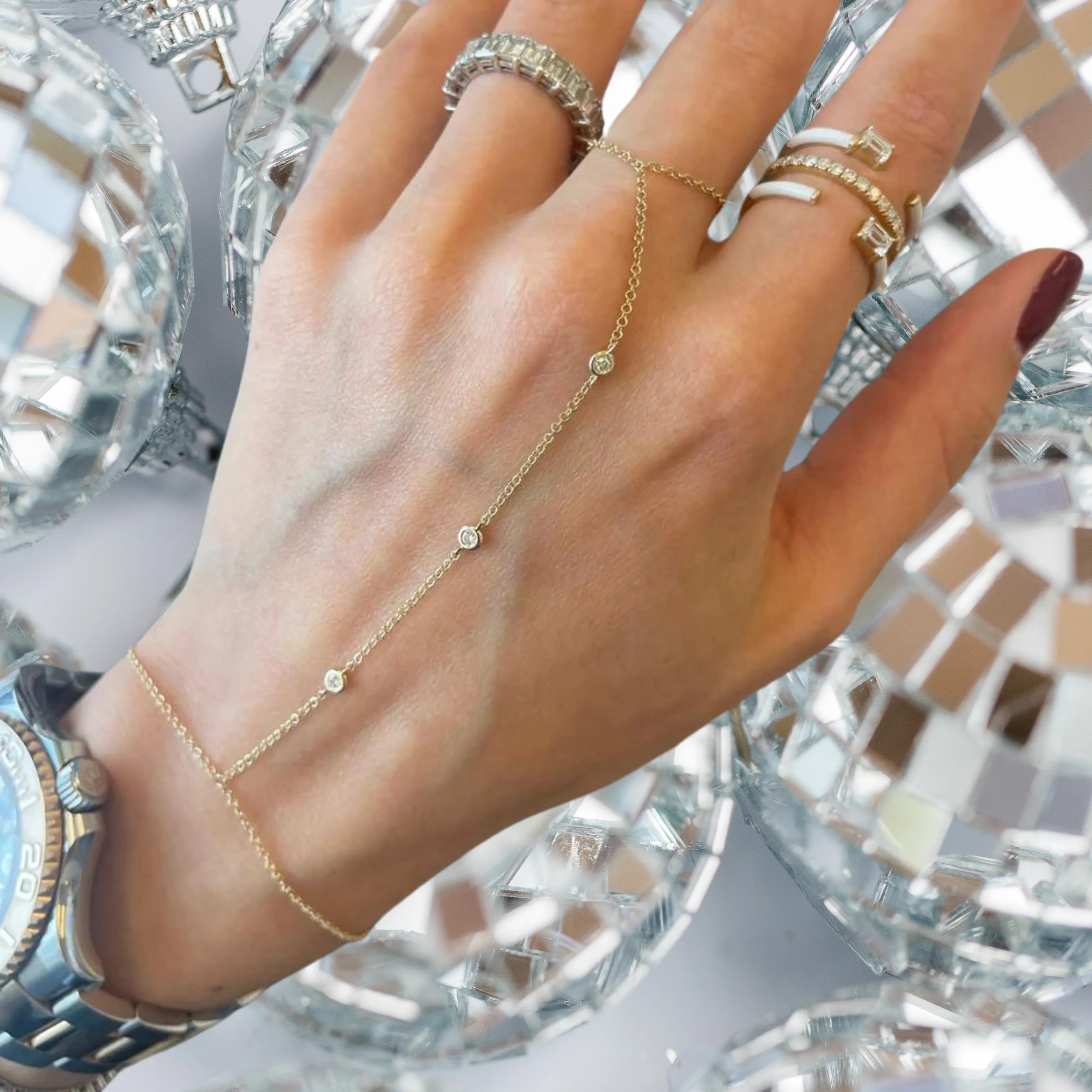 Three-Bezel Diamond Hand Chain Bracelet
