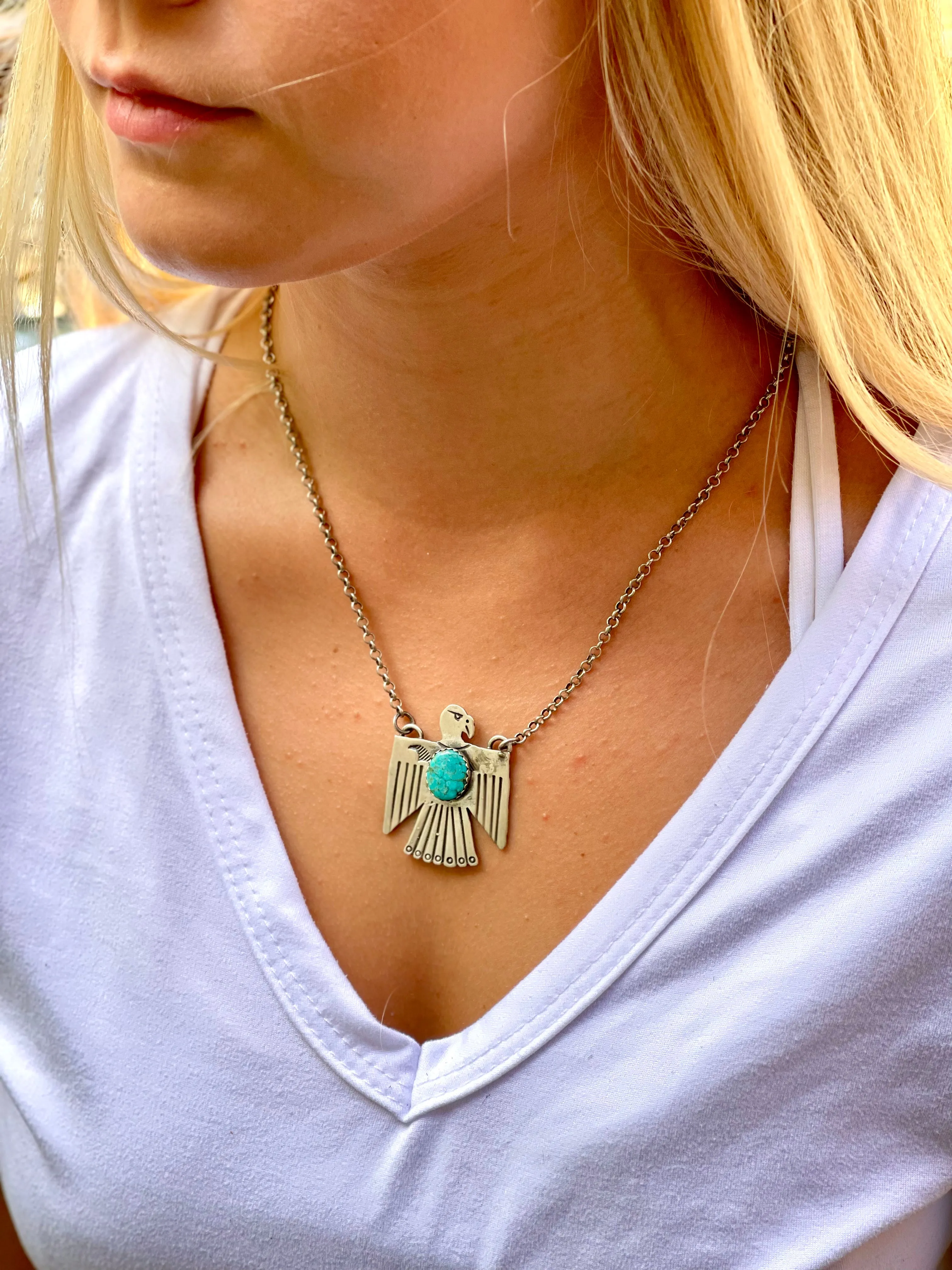Thunderbird & Turquoise Charm w/Silver Chain