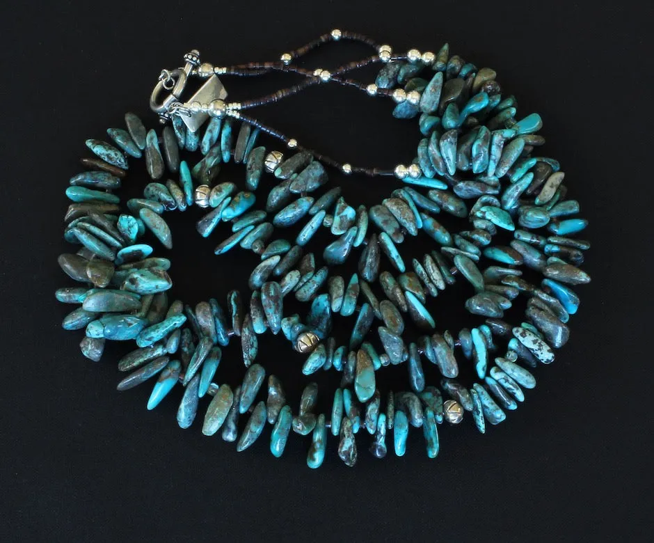 Turquoise Briolette 2-Strand Necklace with Pen Shell Heishi and Sterling Silver Beads & Toggle Clasp