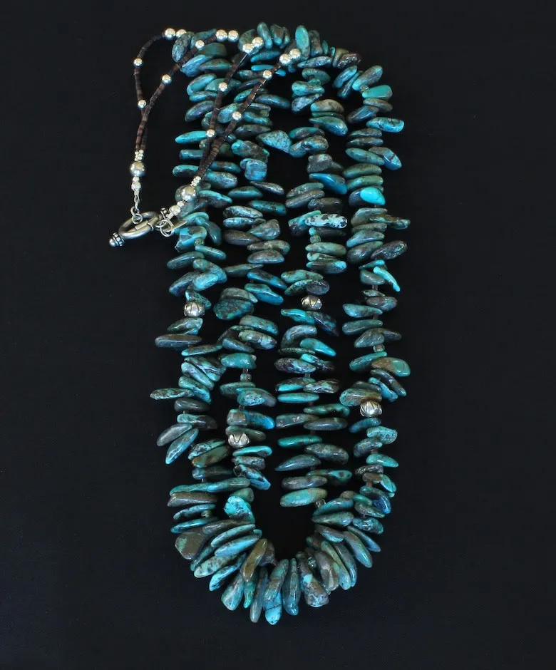 Turquoise Briolette 2-Strand Necklace with Pen Shell Heishi and Sterling Silver Beads & Toggle Clasp