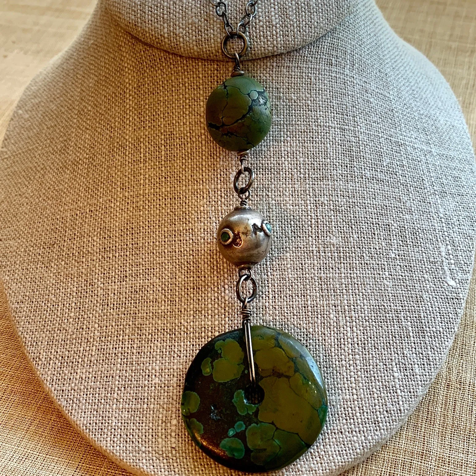 Turquoise Donut with Antique Silver Necklace