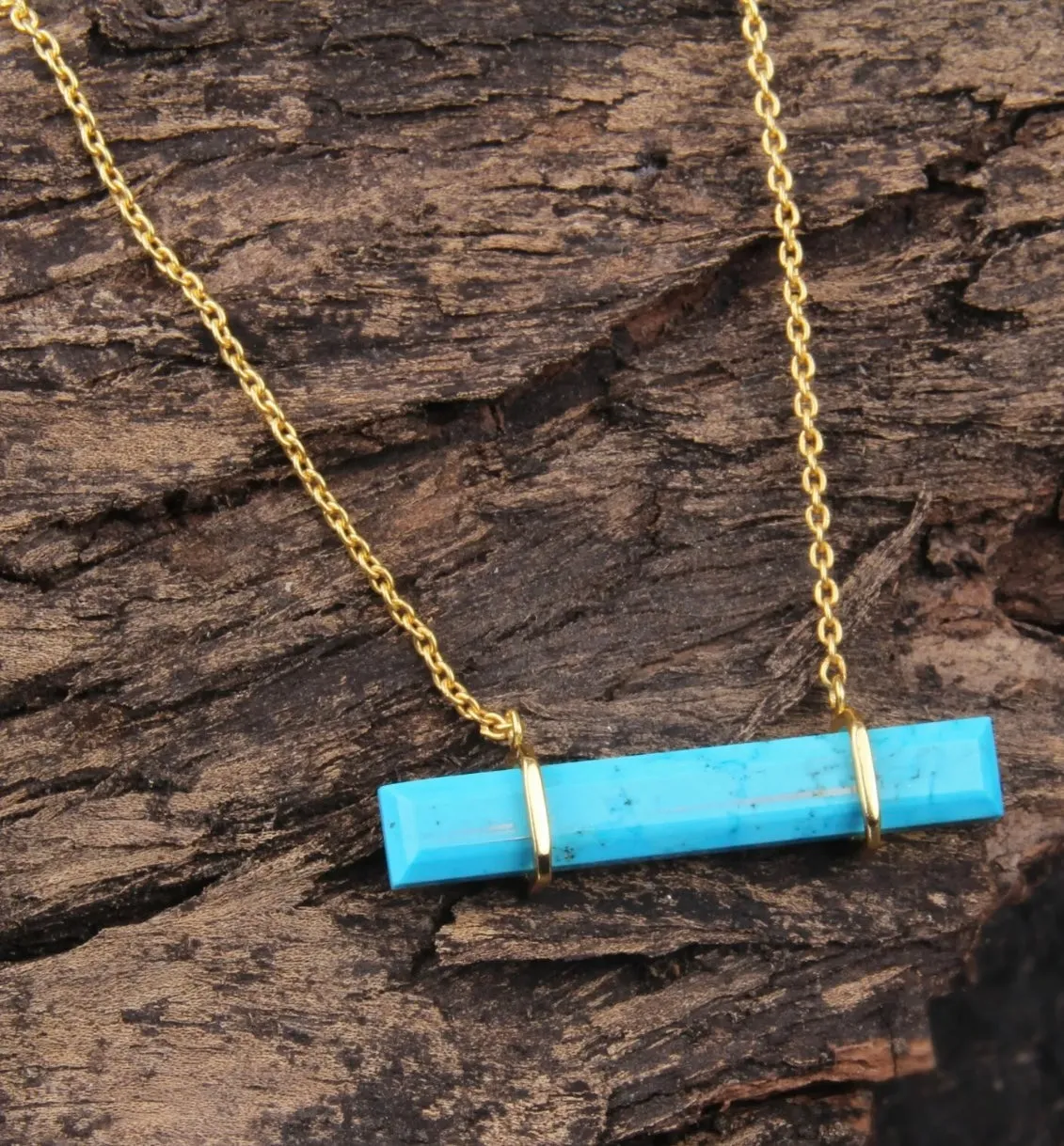 Turquoise Gemstone Gold Bar Chain Necklace 18”