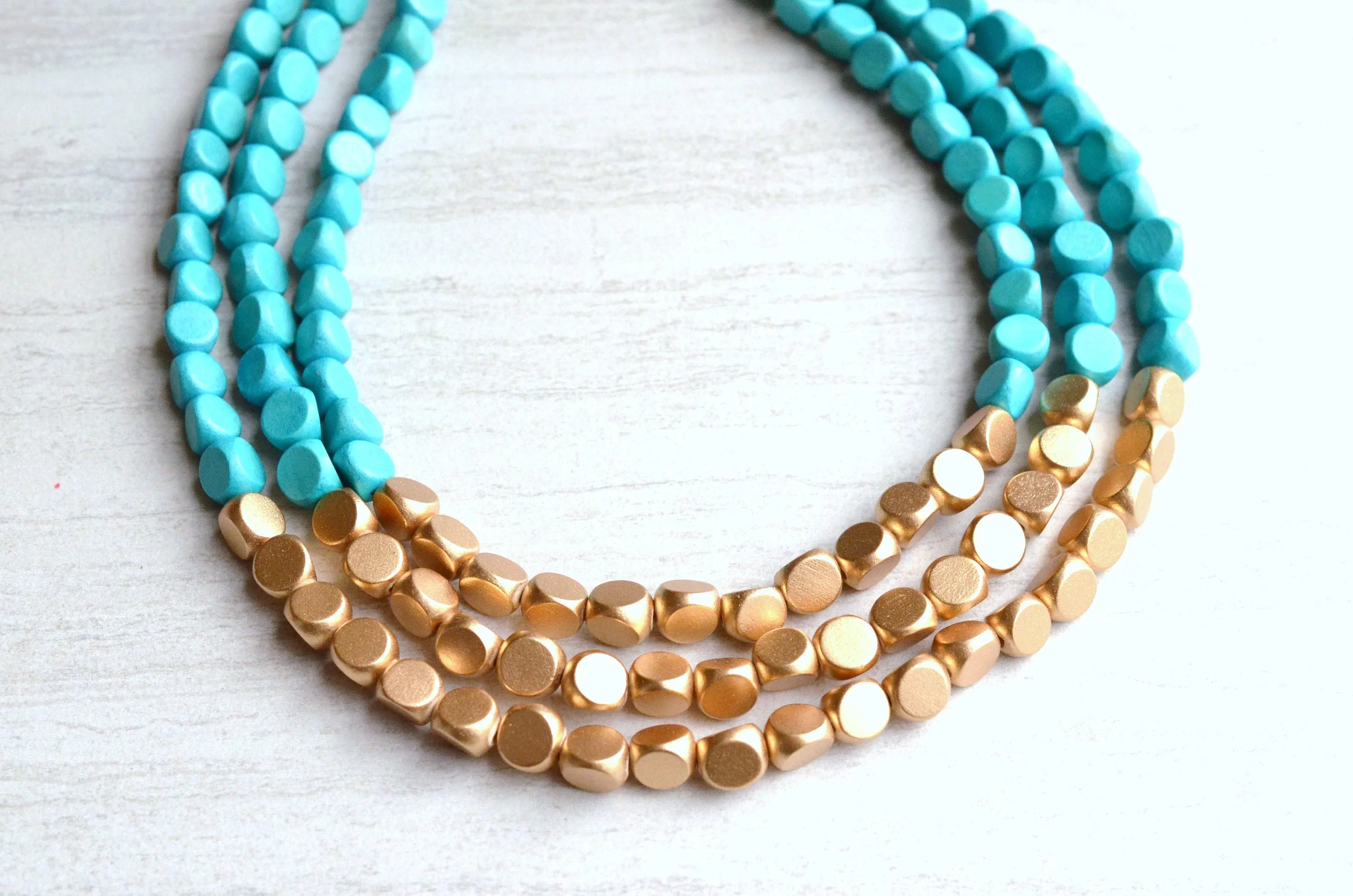Turquoise Gold Statement Wood Beaded Multi Strand Chunky Bead Necklace - Lisa