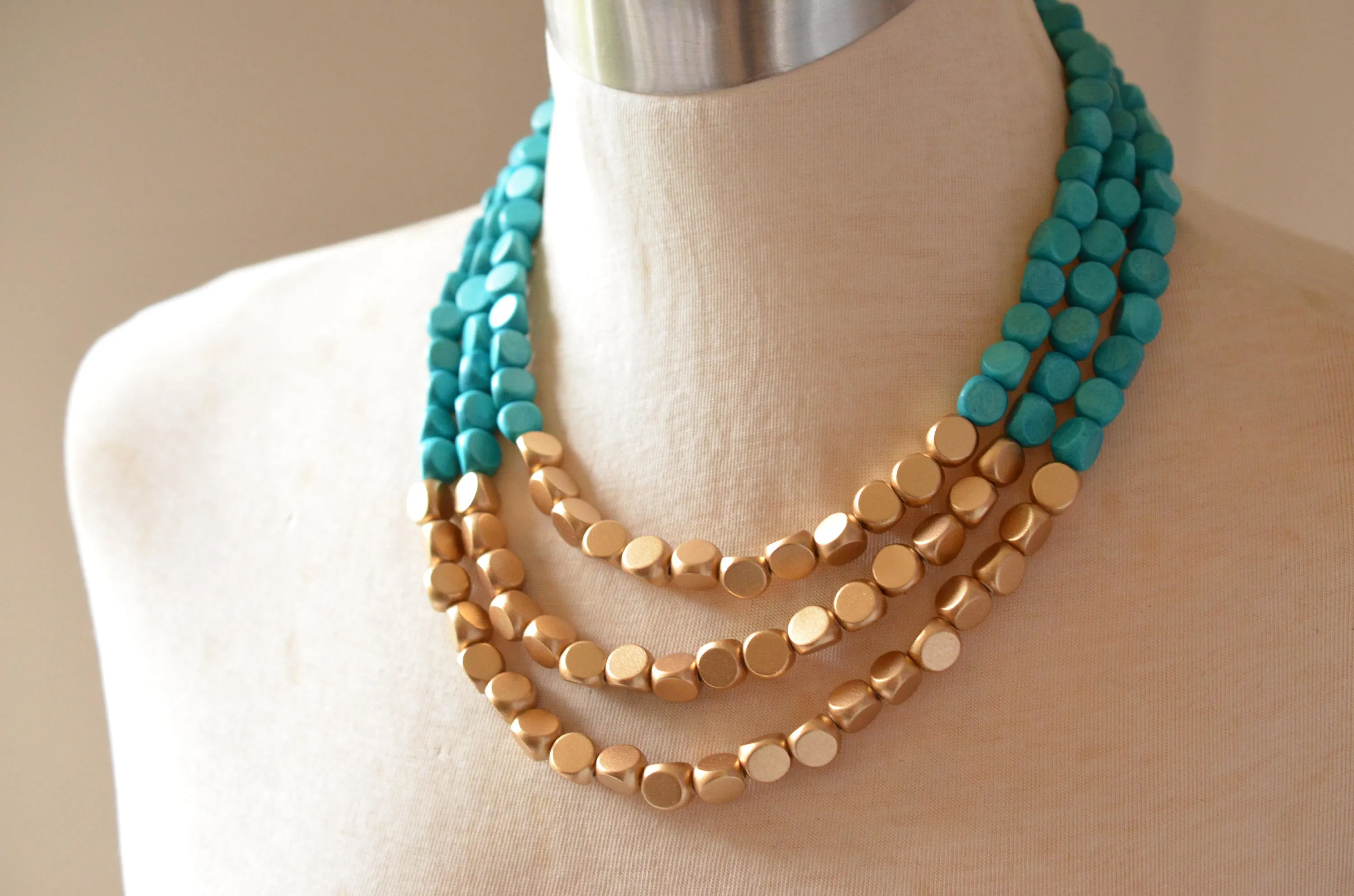 Turquoise Gold Statement Wood Beaded Multi Strand Chunky Bead Necklace - Lisa