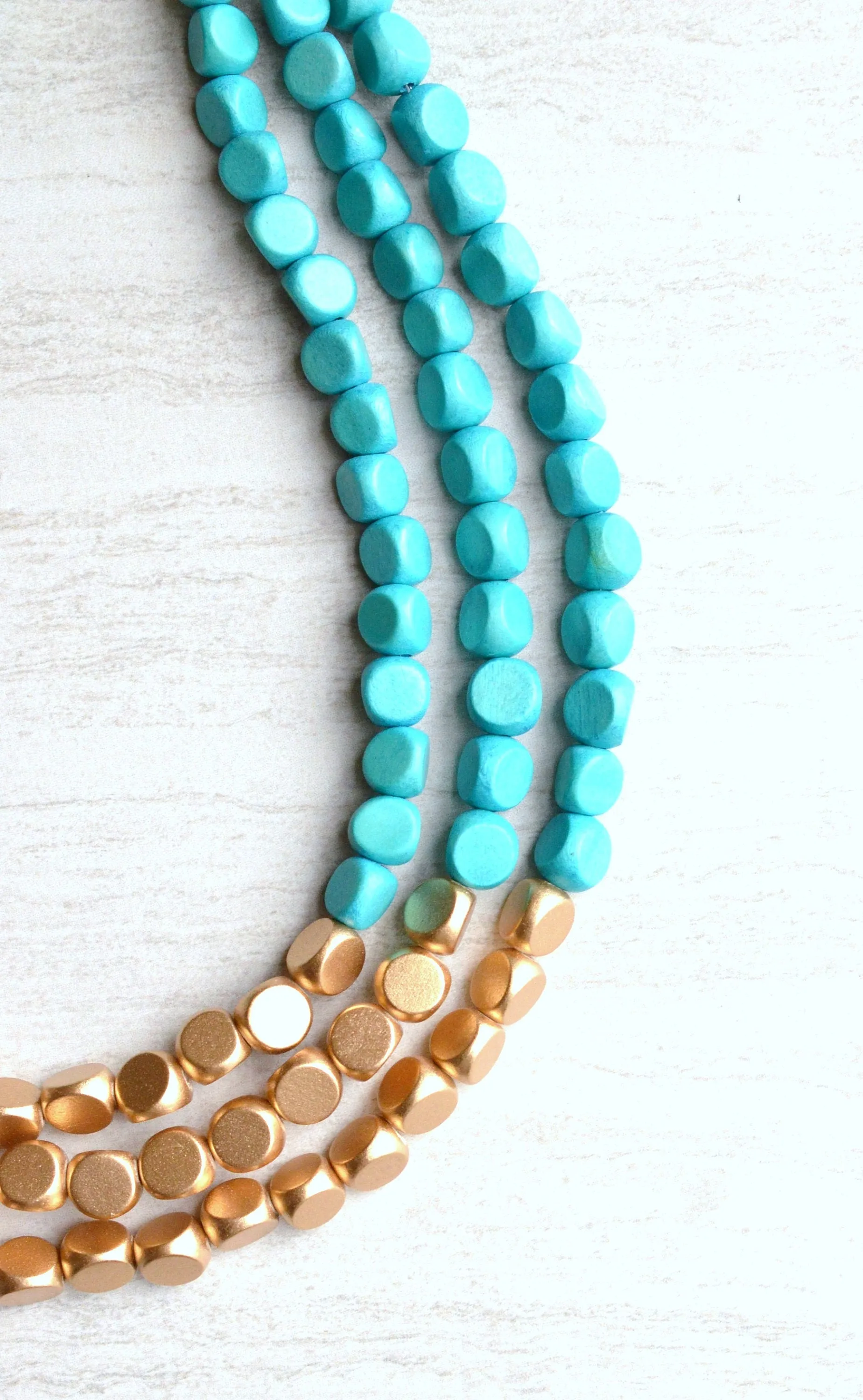 Turquoise Gold Statement Wood Beaded Multi Strand Chunky Bead Necklace - Lisa