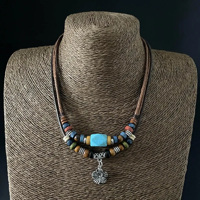 Turquoise Multi-layer Clavicle Chain Ethnic Retro Decoration Girls Cotton and Linen Accessories